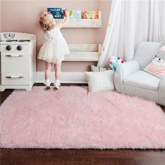 Pink Area Rug for Girls Bedroom,Fluffy Shag 4'X6' Living Room,Furry Carpet Kids - Picture 4 of 6